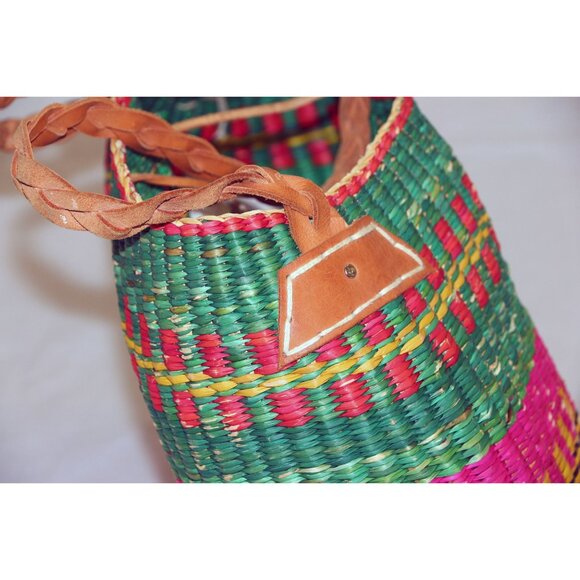 Vtg Hemp Hand woven Bucket Tote Shoulder Bag Purse Leather Straps Button Guatema - Picture 5 of 7